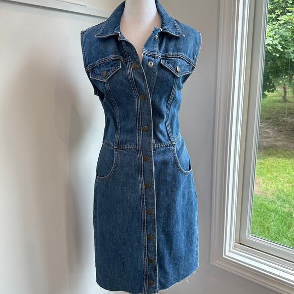 Etica Denim Jean Sleeveless Dress Small Button Western Minimalist Eco Casual - Picture 2 of 10